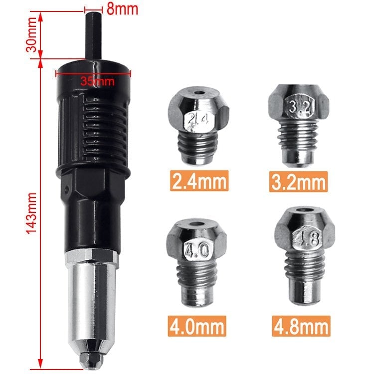 Professionelles Nietpistolen-Adapter-Kit mit 4 Stück verschiedenen passenden Düsenbolzen