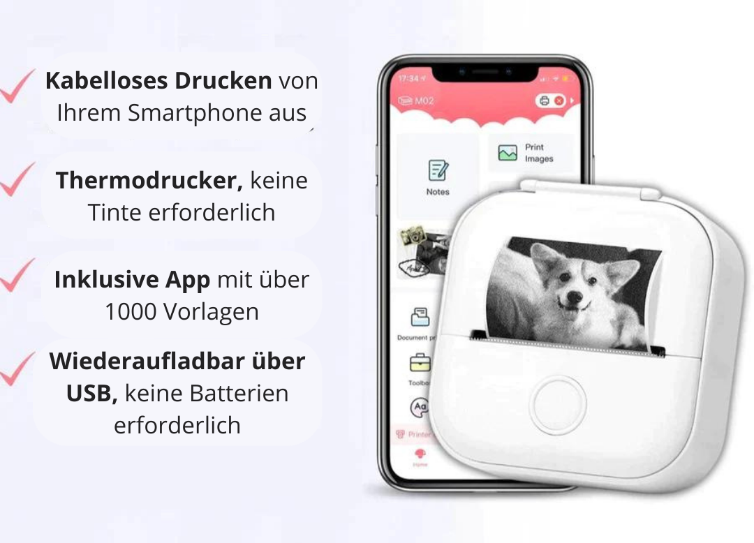 Mini-Drucker™ + kostenloses Druckpapier - Der Drucker, der nie Tinte braucht | 50% RABATT